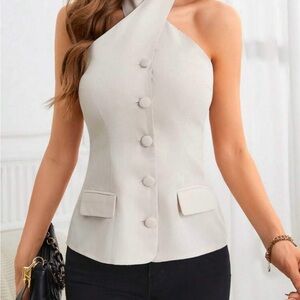 SHEIN Cream One-Shoulder Buttoned Top